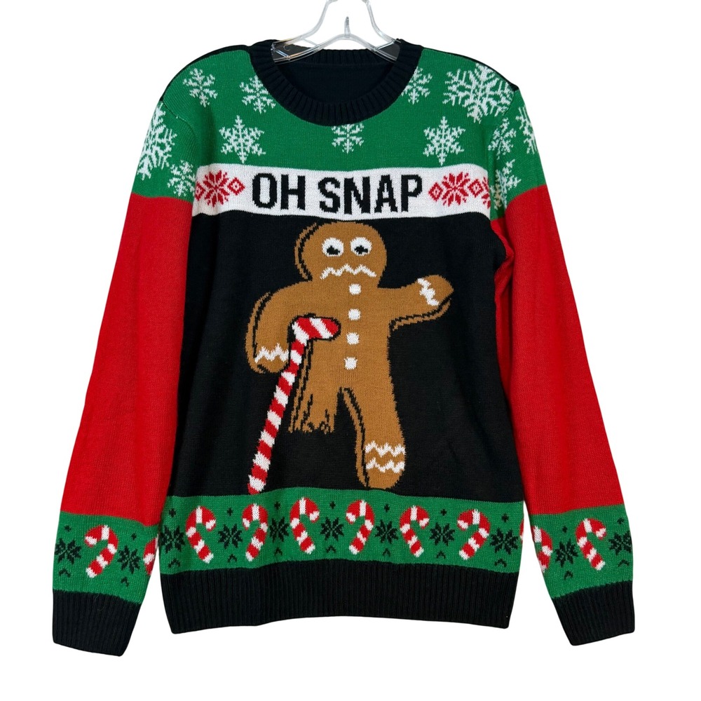 Oh Snap Gingerbread Man Ugly Christmas Sweater Black Green Red •S• Kitschy Cozy